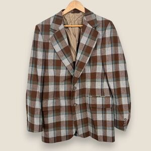 Vintage Palm Beach Sport Coat Blazer Men 42 XL Brown Plaid 70s Tailored Retro